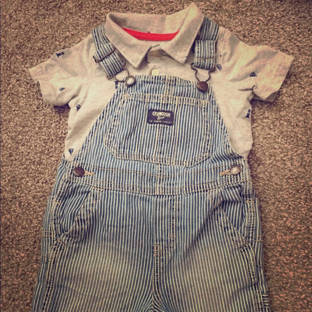Boys overalls, sailboat and lighthouse shirt